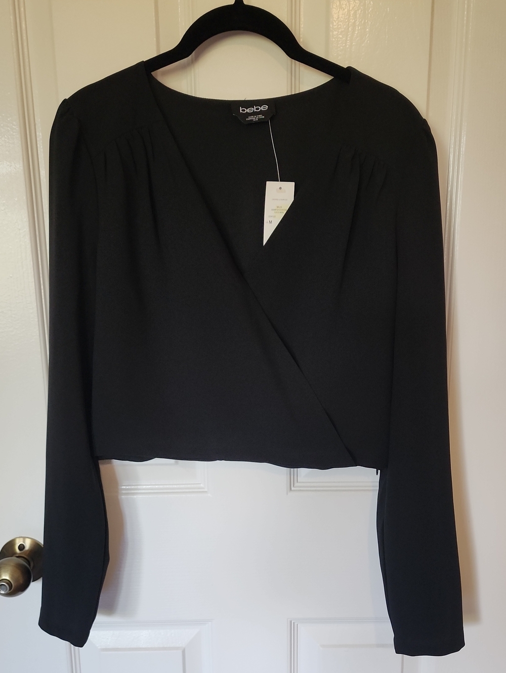 bebe Black Long-Sleeve Wrap Crop Blouse BEAUTIFUL BLOUSE NWT
